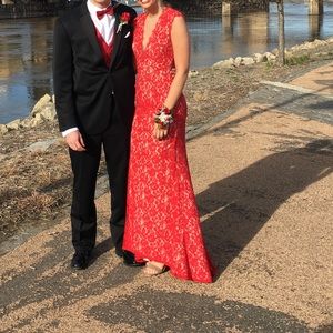 Red lace long prom dress